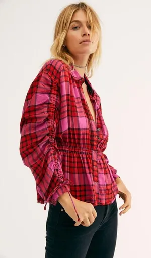 Anthro‎ We The Free People Size XS Shirt Pacific Dawn Red Pink Plaid Ruched NEW thumbnail 1