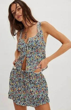 NEW $148 Free People Ellia Primary Floral Ellia Printed Smocked Ruffle Set 2pcs thumbnail 1