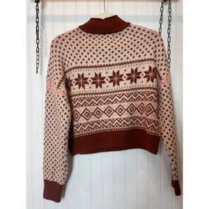 NWT American Eagle Fair Isle Mock Neck Pullover Sweater Brown Pink Womens Size S thumbnail 3