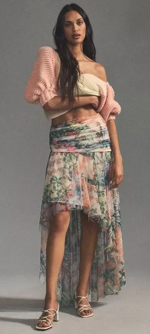 Anthropologie High-Low Tulle Maxi Skirt in Floral Pink Size 16 NWT Garden Party thumbnail 1