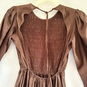 Brown Linen Maxi Dress Smocked Puff Sleeve Tiered Cottagecore DLD11313DBR thumbnail 4
