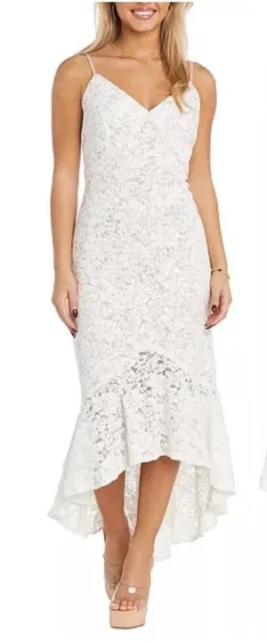 NIGHTWAY Mermaid High-Low Flounce Hem Lace Wedding Dress Ivory Sequin Sz 10 NWT thumbnail 1