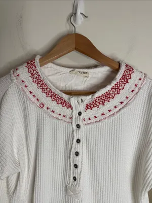 Free People Embroidered Holly Henley Thermal Waffle Knit White HenleyTee size L thumbnail 4