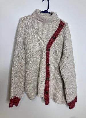 POL Turtleneck Cardigan Sweater Womens L Oatmeal Red Excellent Asymmetrical Knit thumbnail 1