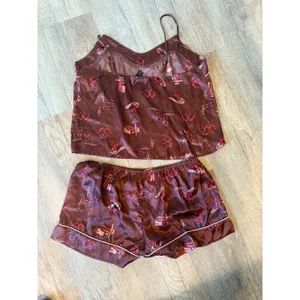 Western Cowboy Boot‎ Print Satin Pajama Set Brown Pink Two Piece Loungewear L thumbnail 2