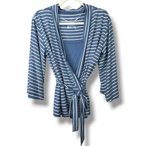 NEW State Of Day Intimates Blue Fluid-Knit Striped Lounge Pajama 3-Piece Set XS thumbnail 6