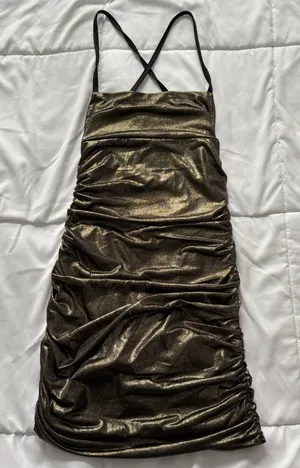 Lucy in the Sky‎ Mini Dress Womens Size XS Bodycon Lace Up Gold Shimmer Feminine thumbnail 1