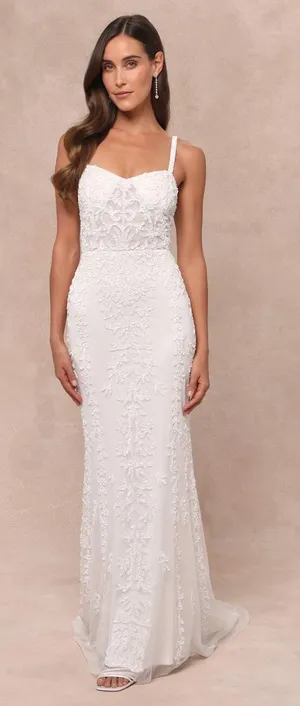 NWT Lulus Momentous Love White Beaded Bustier Mesh Mermaid Maxi Dress Bride XS thumbnail 1