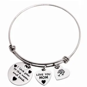 New Silver Tone Love You Mom To The Moon And Back Charm Wire Bangle Bracelet thumbnail 1