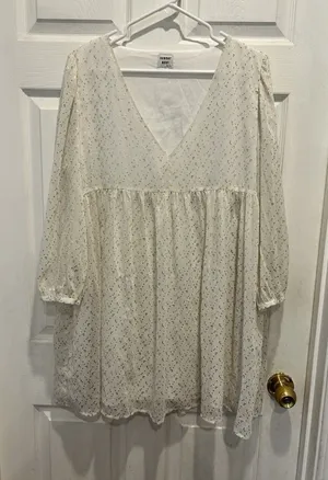 Aritzia Sunday Best White Gold Metallic Foil Dot Babydoll Mini Dress Womens‎ L thumbnail 1