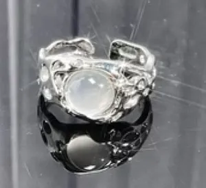 Silver Moonstone Gemstone Textured Antique Vintage Adjustable Open Ring thumbnail 1