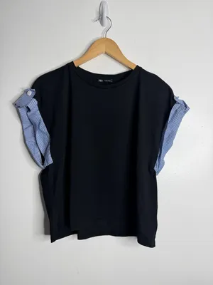 Zara Black Top Blue‎ Stripe Ruffle Sleeve Statement Minimal Chic Large Preppy thumbnail 8