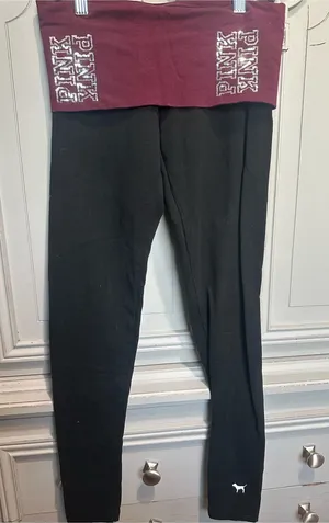 Vintage Black PINK Fold-Over Waistband Leggings - Black & Burgundy thumbnail 1