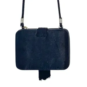 Jessica McClintock Black Satin Box‎ Clutch Purse Tassel & Rope Strap Evening Bag thumbnail 2