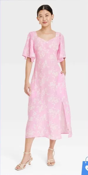 Womens Crepe Flutter Short Sleeve Midi Dress - A New Day - Pink Floral- Large thumbnail 1