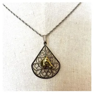 silver and gold tone horse teardrop pendant necklace thumbnail 2