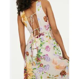 H&M Brown Purple&Pink Floral Deep V Linen&Cotton Maxi Dress Sz.M thumbnail 2