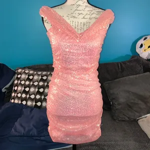 Lucy in the Sky Los Angeles Iridescent Sequin Off Shoulder Dress in Coral thumbnail 4