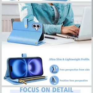 iPhone 16 6.1” Case Wallet Case Floral Wristlet Blue Card Holder Phone FC7 thumbnail 3