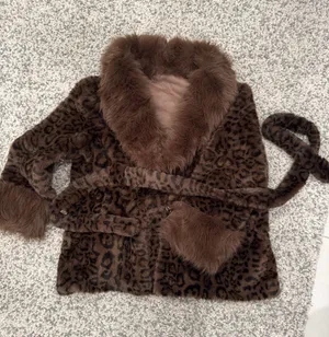 Brown Faux Fur Leopard-Print Coat with Belt thumbnail 1