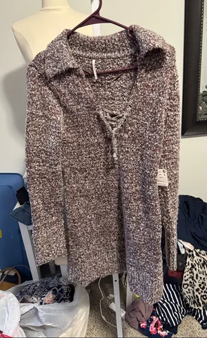 Free People Marled Lace-Up V-Neck Sweater dress Taupe Brown thumbnail 1