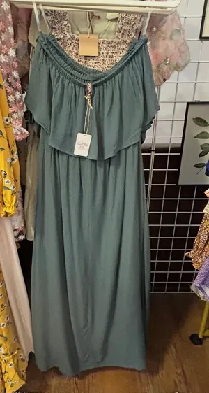 Zenana Sage Green Off Shoulder Maxi Dress – Ruffle Detail thumbnail 1