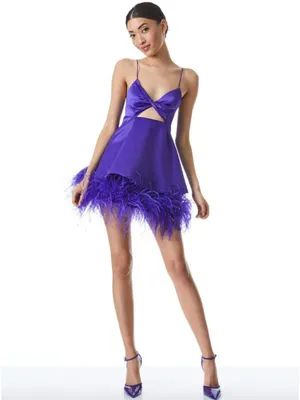 Alice + Olivia Necole Cutout Feather Hem Mini Dress Purple Womens 6 thumbnail 2