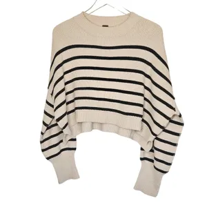 Free People Easy Street Striped Crop Sweater Cream‎ Black Knit Womens Small thumbnail 5