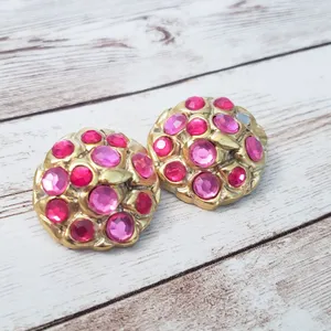 Vintage Clip On Earrings - Pink Gems & Gold Tone 1.25" - Missing Gem thumbnail 3