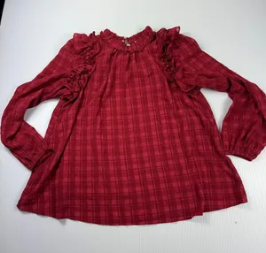Entro Plaid Ruffle Long Sleeve‎ Blouse Top Keyhole Casual Red Size S thumbnail 1
