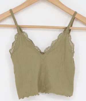 Olive Green Ribbed Lace Trim Cropped Camisole V-Neck Adjustable Straps Top thumbnail 1