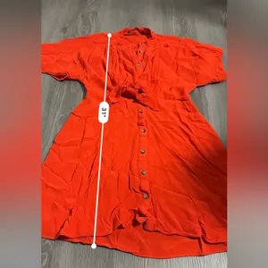 Zara Reddish Orange Short Sleeve Button Down Tie Mini Dress Size‎ XS thumbnail 11