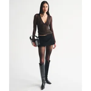 Abercrombie & Fitch Women's Bra Free Long Sleeve Mesh Plunge Top Brown Size XXS thumbnail 5