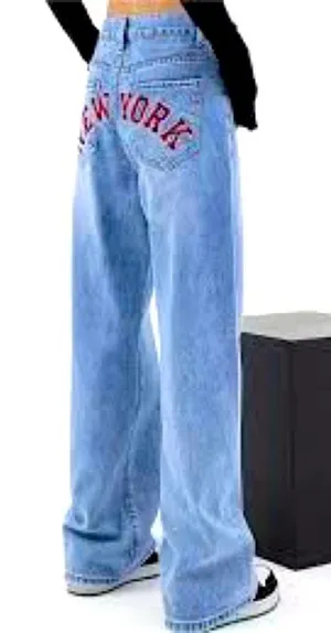 Blue Flare Wide Leg Jeans with Red Embroidery thumbnail 1