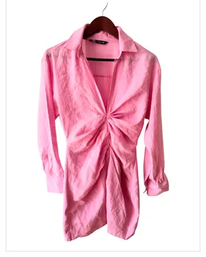 Zara Barbie Pink Draped Long Sleeve Dress Deep Vneck Collared M thumbnail 4