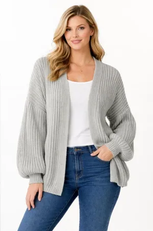 SHEIN Gray Balloon Sleeve Open Front Cardigan Sweater Large Knit Cozy EUC thumbnail 1