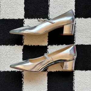 Ann Taylor Silver Mary Jane Block Heels Pointed Toe 6 thumbnail 5