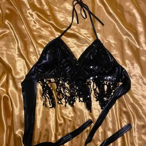 Black Sequin Fringe Backless Halter Tie Top Size M thumbnail 2