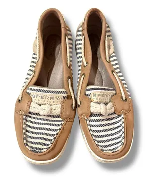 Sperry Angelfish Top Sider Cream & Blue Striped Leather Fabric Boat Shoes Sz 6‎ thumbnail 1