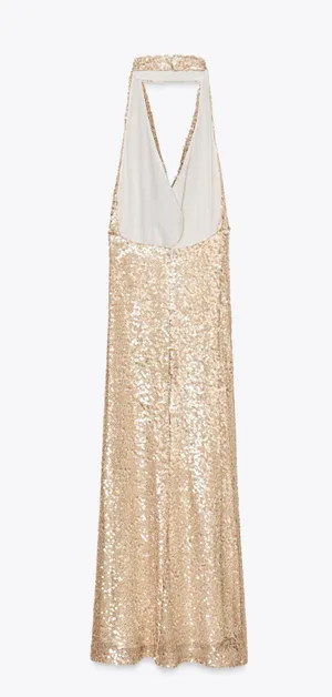 Zara sparkling Gold Sequin Halter Maxi formal Dress holiday evening party thumbnail 10