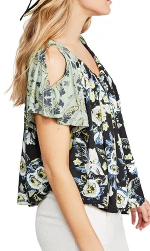 NWT Free People Baja Babe Cold Shoulder Floral Print Top Black Combo Size Medium thumbnail 2