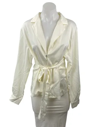 Commense Women's White Satin Long Sleeve Tie Front Shirt Tunic Wrap Blouse Top S thumbnail 1