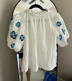 THML White Peasant Blouse with Blue & Teal Floral Embroidery thumbnail 1