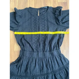 Zara Black Eyelet Embroidered Mini Dress Long Sleeve Tiered Lace LBD - Size M thumbnail 7