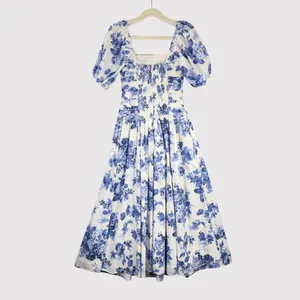 Abercrombie Fitch Midi Dress Blue Emerson Poplin Floral Puffed Pleated Boho XS thumbnail 3