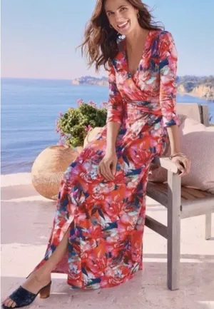 Soft‎ Surroundings Size-S Le Jardin Faux Wrap Maxi Dress Crimson Floral Print thumbnail 1