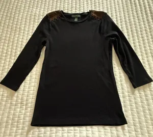 LAUREN Ralph Lauren 3/4 Sleeve Ribbed T Shirt Medium M Black Brown Patches thumbnail 1