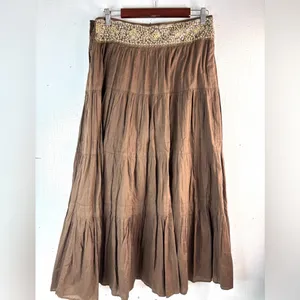 BCBGMaxAzria S Cotton Tiered Brown Embellished Beaded Waist Midi Skirt thumbnail 3