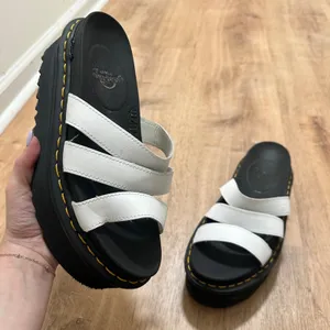 Dr. Martens | Woman's Blaire White Black Leather Platform Slide Sandals, Size 10 thumbnail 1