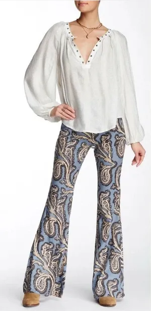 Free People Paradise Printed Linen Blend Pants Blue Combo Size‎ Small thumbnail 1